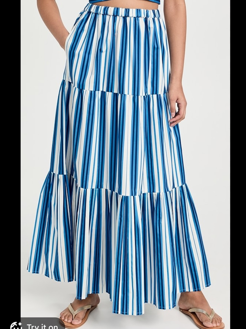 SOLID & STRIPED Blue and White Vertical Stripe Tiered Maxi Skirt